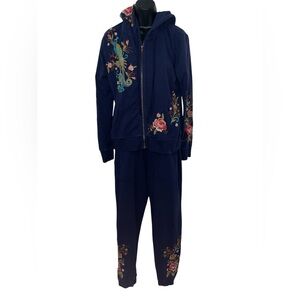 Johnny Was Navy Cotton Embroidered Floral Zipped Hooded Jacket and Jogger Set
